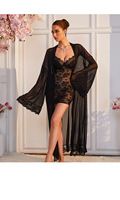Set Lingerie Babydoll Wanita Seksi Berbahan Renda dengan Jubah Kimono Panjang, Pakaian Tidur Jala Bermotif Bunga, Pakaian Tidur Pengantin Elegan Grosir