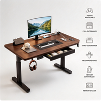 Bureau assis-debout électrique avec tiroir et crochet pour casque, hauteur réglable, double moteur, mémoire de position, pour bureau à domicile