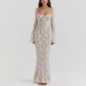 เดรสลูกไม้ฤดูใบไม้ร่วงแบบใหม่ ราคาถูก คุณภาพสูง แขนยาว คอเหลี่ยม เปิดหลัง ทรงเข้ารูป ยาวแบบแม็กซี่ สำหรับผู้หญิง - Product Image 4