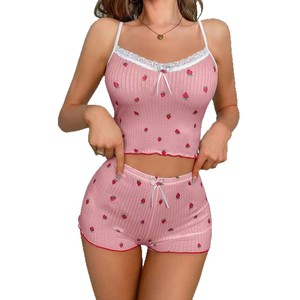 Conjunto de Pijama de Verano con Tirantes y Pantalones Cortos, Estampado Argyle con Lazo, Tejido Transpirable, Estilo Vacacional - Product Image 5