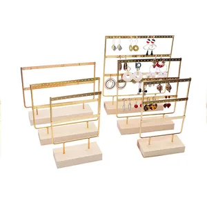 Wholesale Customize Logo 3 Layer Metal Earrings Black White Gold Hardware Wood Base Jewelry Display Stand Holder Iron