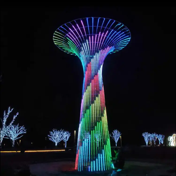 Outdoor Waterdichte Openbare Abstracte Kunst Metaal Roestvrij Staal Verlichte Toren Sculptuur Rgb Led Tree Motief Licht