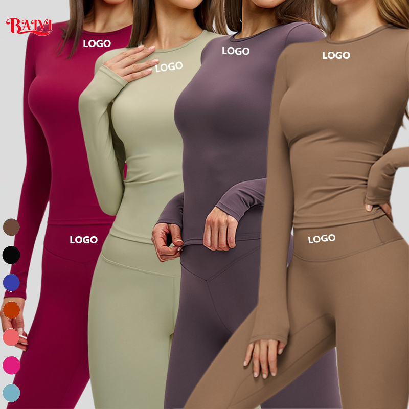 Wholesale Custom Logo Women Compression Long Sleeve Fitness Top Round Neck Smooth Fabric Tummy Control Sports Yoga Activewear