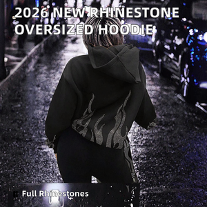 2026 New Arrival Best-Selling 3D Embroidery Rhinestone Zipper-Up Street Flame Graphic Oversized Boxy Cropped Men's Hoodie - Product Image 2