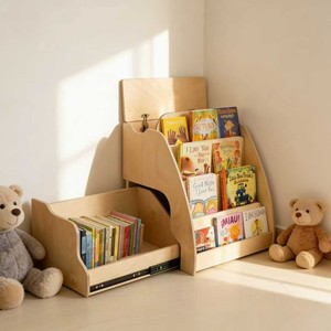 Estantería para niños de madera maciza, 4 niveles con cajón, almacenamiento multifuncional para libros, juguetes, papelería - Product Image 4