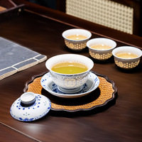 Service à thé Kung Fu bleu et blanc en céramique pure, avec bol à couvercle délicat et tasse à thé, style ethnique, pour usage domestique