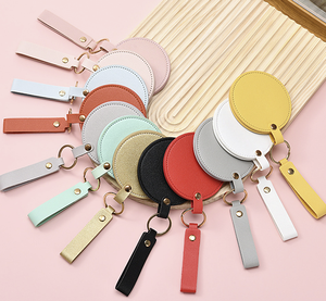 Custom Logo Portable Makeup Mirror PU Leather Keychain Round Small Cute Mini Compact Vanity Cosmetic Pocket Mirror for Travel