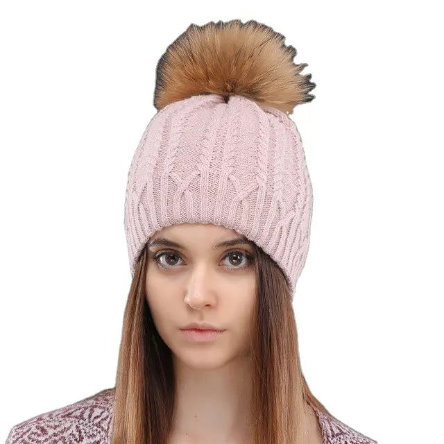 Bonnet en tricot doux et extensible pour femme, bonnet de Ski, bonnet d'hiver avec pompon détachable