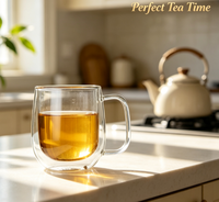 Mug en verre borosilicate à double paroi fait main, design moderne, durable, anti-fuite, corps de tasse arrondi, grande poignée
