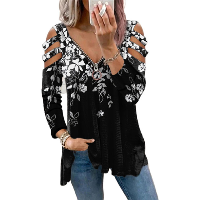 SY20210702 2021 Women Over Size 5XL Off Shoulder Shirt Zipper V Neck Loose Floral Long Sleeve T-shirt For Women