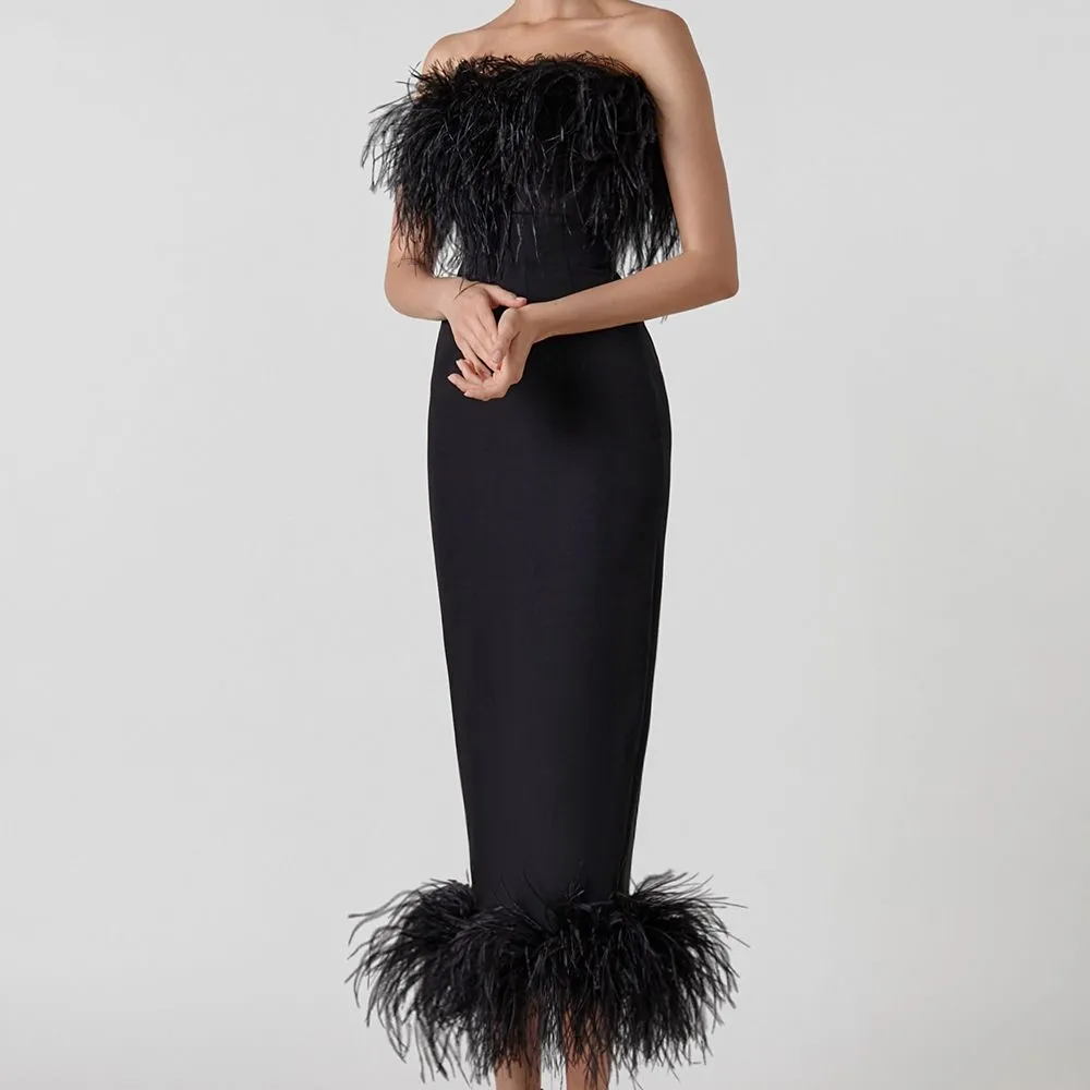 Hot sale elegant sleeveless sexy black gown with feathers long evening dress