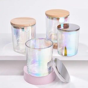 Free Sample Luxury Cylinder 8oz 220ml Iridescent Colorful Clear Glass Candle Jars With Wooden Lid