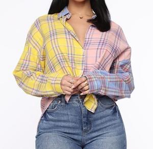 <span class=keywords><strong>Blusa</strong></span> Corta a Cuadros de Gran Tamaño con Contraste de Color, Camisa a Cuadros, <span class=keywords><strong>Blusa</strong></span> Corta con Ombligo Descubierto para Mujer, <span class=keywords><strong>Blusa</strong></span> de Manga Larga - Product Image 1