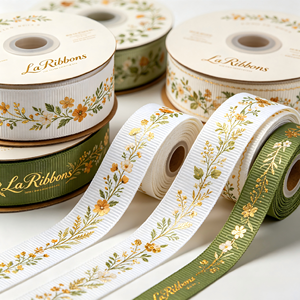 Vietnam Factory-Pink Polyester/Cotton Grosgrain <b>Ribbon</b> 1-1/2 Inch Gold Foil Printed Geometric Pattern Single Face Shrink-Resist - Product Image 6