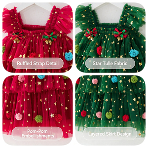 Abito da <span class=keywords><strong>Principessa</strong></span> per Bambine con Maniche a Volant in Tulle a Strati, 4 Colori Natalizi, Fiocco e Stampa di Stelle Dorate - Product Image 5