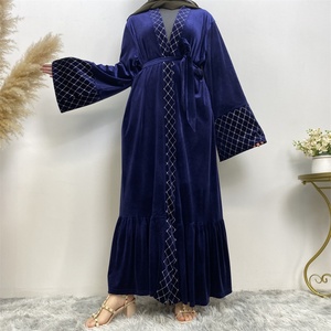 1857# Winter Velvet <b>Abaya</b> Grid Pattern Border Blue Warm Women Cardigan Fashion Kimono Kaftan <b>Abaya</b> - Product Image 3