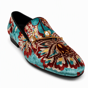 Teal Blue Floral Velvet Loafers for Men Slip On <b>Dress</b> Shoes Round Toe Gold Buckle Hand Embroidery Wedding Party Office Moccasins - Product Image 2