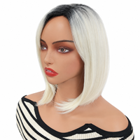 Perruque Bob Courte Droite Synthétique Sans Colle Blond Platine Racines Foncées Ombrées Raie Latérale Effet Superposé Naturel pour Femme