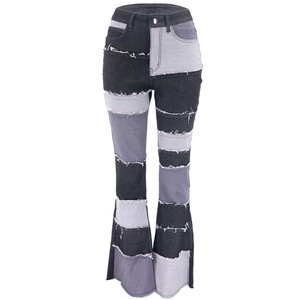 Jean évasé <span class=keywords><strong>taille</strong></span> haute patchwork, coupe boyfriend, pour <span class=keywords><strong>femme</strong></span>, en denim, sexy, color block marron, style streetwear - Product Image 2