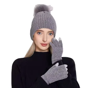 여성 비니 모자 겨울 장갑 부드러운 니트 따뜻한 모자와 장갑 세트 여성용 귀마개 모자 어린 소녀