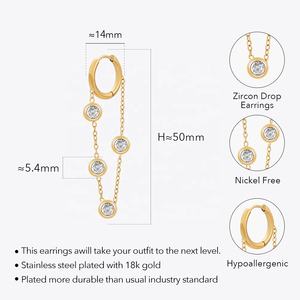 Lo Último en Joyería de Acero Inoxidable Chapado en Oro de 18K, Aretes de Aro Redondo con Cadena de Circón, a la Moda para Mujer, Accesorios, Pendientes E231501 - Product Image 2