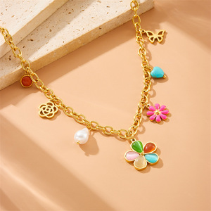 Colorful Resin Petal Daisy Hollow Butterfly Pearl Heart Charm Stainless Steel Necklace Gift Fashion Pendant - Product Image 1