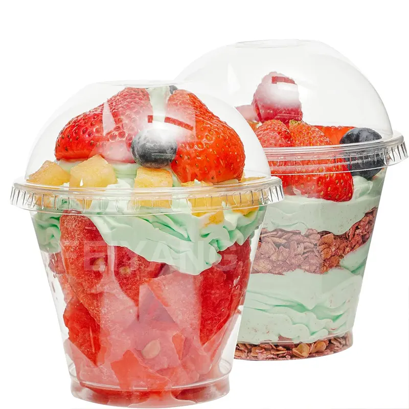 Copos plásticos para embalagem de iogurte, copos plásticos para sorvete PET 9oz, sobremesas e refrigerantes, personalizados com tampa de cúpula