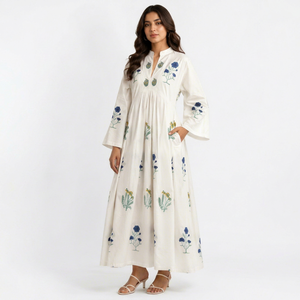 Robe longue en coton tissé imprimé à la main indienne, motif floral, sans manches, col montant, style bohème décontracté, coupe ample pour femme, idéale pour l'été - Product Image 1
