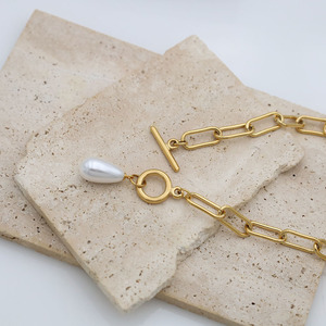 Geometric Pearl Pendant Necklace Gold Chain <b>T</b> <b>Bar</b> Clasp For Women Party Jewelry - Product Image 1