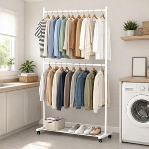 Double Tier Clothing <b>Rack</b> With Wheels Metal Storage Holder Minimalist <b>Wardrobe</b> Stand for Clothes Organization - Product Image 3
