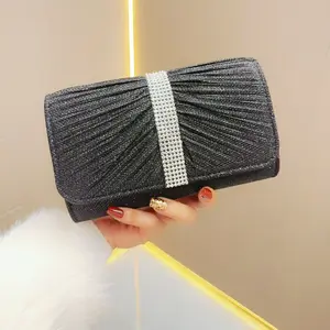 silvery whiteFactory Direct Supply Popular Pleated Evening Gift Bag Temperament Diamond Clutch Bag Shoulder Bag