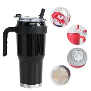Gobelet isotherme réutilisable en acier inoxydable à double paroi de 40 oz avec poignée et paille, personnalisable avec logo, en stock - Product Image 3