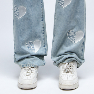 Customizable High Quality Streetwear <strong>Jeans</strong> with Heart Embroidery, Loose Straight Leg <strong>Denim</strong> Pants for Men &amp; Women - Product Image 5