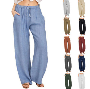 <span class=keywords><strong>Pantalon</strong></span> large décontracté en <span class=keywords><strong>lin</strong></span> pour femmes grandes tailles Summer Fo avec poches et cordon de serrage - Product Image 2