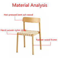 Chaise de salle à manger empilable en bois d'hévéa rembourrée avec dossier courbé à chaud et sangle en nylon tressée à la main, chaise d'appoint de cuisine