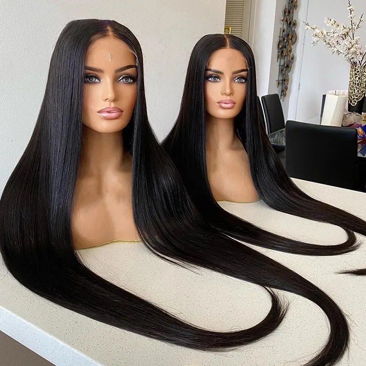 Long 40 Inches Natural Black Color Silky Straight Pre Plucked Virgin Full Cuticle Aligned Human Hair Lace Front Wigs