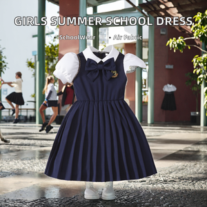 Robe d'été unie à fleurs en coton/polyester pour filles, style anglais, manches courtes, uniforme scolaire une pièce pour l'école primaire - Product Image 2
