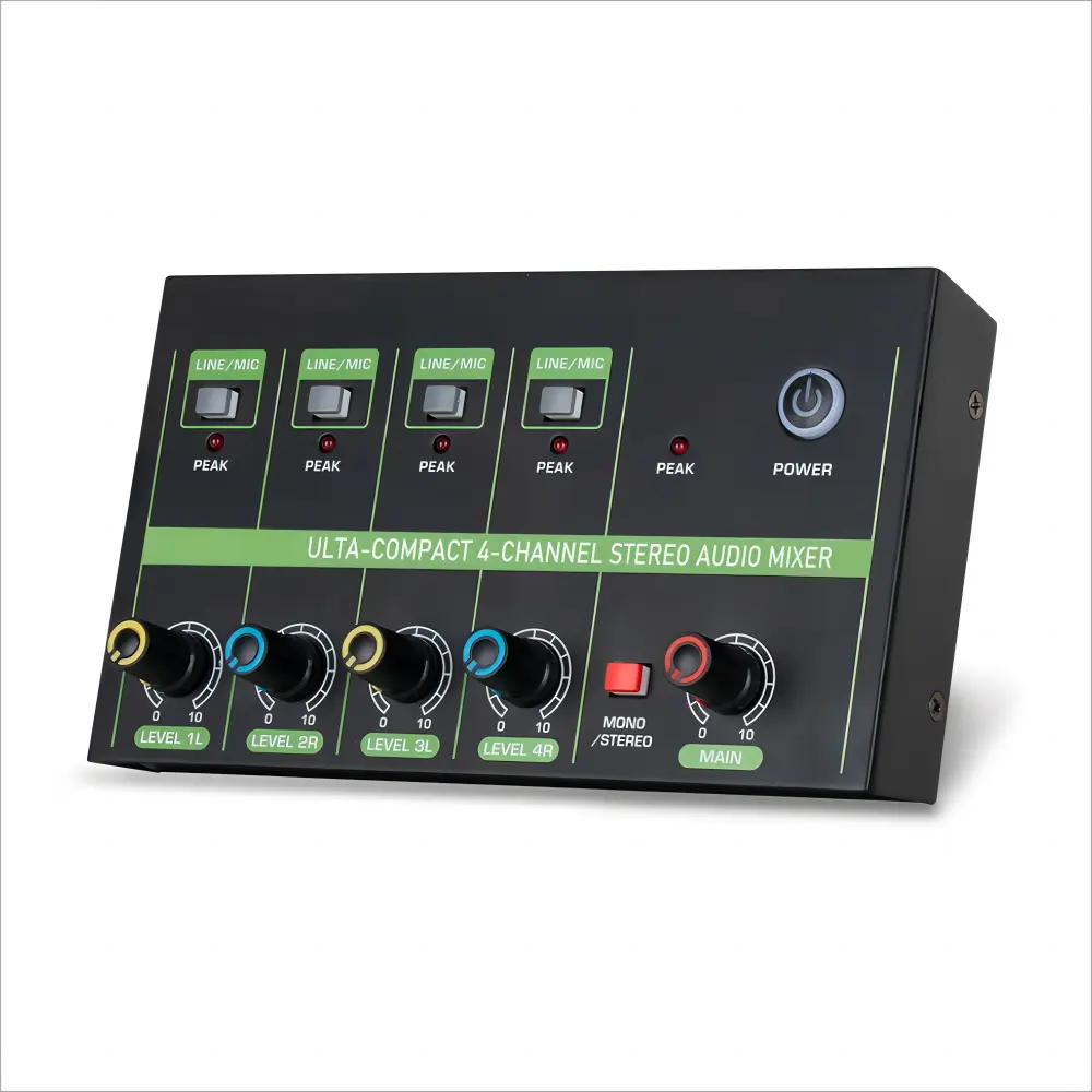 Mixer audio 4 saluran ketepatan tinggi input output mono stereo 4-in-1 mikrofon kebisingan rendah mixer 4-way