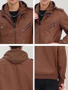 Vintage Motorcycle <b>Men's</b> Customize Faux Leather <b>Jacket</b> Winter Biker Cafe Racer <b>Jacket</b> with Fleece Removable Hood Wholesaler OEM - Product Image 6