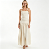 Nuevo Vestido Maxi de Verano 2026 para Mujer, Sólido, Bordado, Casual, Elegante, con Tirantes Anchos, Halter, Sin Mangas, Espalda Descubierta, Cintura Natural, Corte Frontal