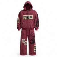 Ensemble de sweat-shirts à capuche en molleton épais de couleur rouge foncé délavé à l'acide, déchiré, surdimensionné, avec application hip-hop, marque privée