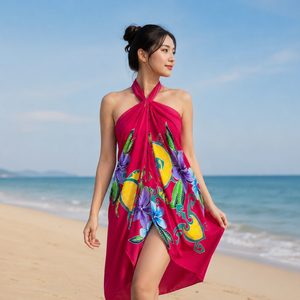 Sarong de plage une pièce 100 % rayonne fait main avec motif floral dessiné à la main et motif tortue - Product Image 1