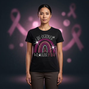 Adesivi personalizzati con motivo a cristalli rosa 'In <span class=keywords><strong>ottobre</strong></span> indossiamo il rosa' per magliette, logo fai da te per la consapevolezza sul cancro al seno, decalcomanie termoadesive - Product Image 1