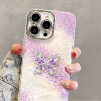 Coque de téléphone portable en acrylique avec motif coquillage et papillon violet pailleté pour iPhone 12 13 14 15 16 17 Pro Max