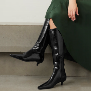 Bottes hautes d'hiver faites à la main pour femme, style western, coupe large, grande taille 46, talons bas, bout pointu, fermeture éclair latérale, bottines longues - Product Image 3