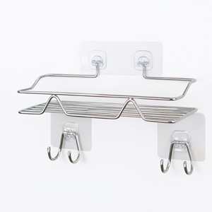 <b>Stainless</b> <b>Steel</b> Wall <b>Shelf</b> Rack with Hooks No Drilling <b>Kitchen</b> Home Storage Organizer - Product Image 2