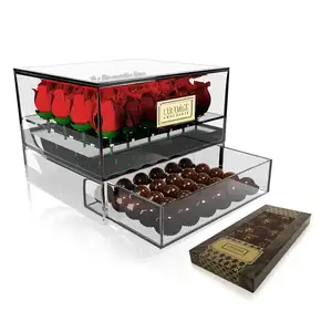 New Clear Acrylic Rose Flower Box With Drawer Makeup Organizer Gift Box Acrylic