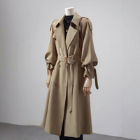 Manteau trench vintage kaki pour femme, double boutonnage, mi-long, doublure polaire, élégant et sophistiqué, avec ceinture