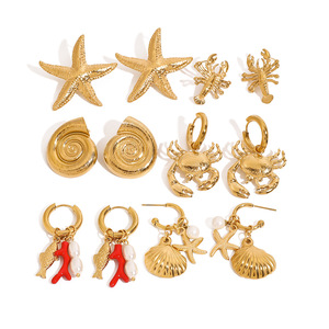 Yueli Gold Plated Stud Earrings Star <b>Crab</b> Shell Beach Vacation Jewelry Stainless Steel Fashion Earrings - Product Image 5