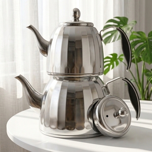 Ensemble de théière en acier inoxydable turc Karaca Urban, résistant à la chaleur, 3 litres, avec poignée en verre et couvercle compatible lave-vaisselle - Product Image 1